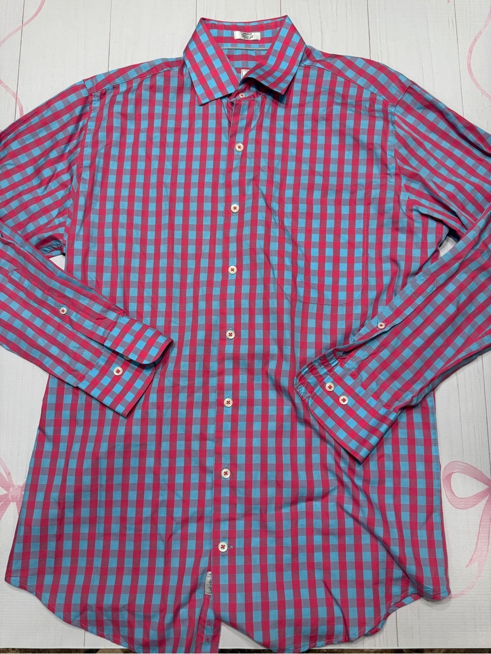 Peter Millar 100% cotton Pink and Blue Checked Dress Shirt Size Medium